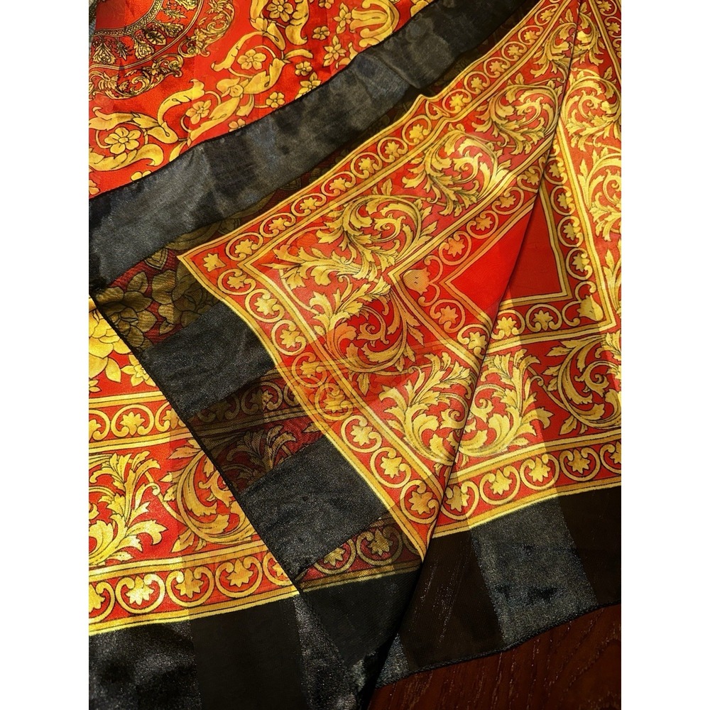 Vintage Red Gold Baroque Floral Scarf 40" Square Satin Silk Feel Versailles Styl
